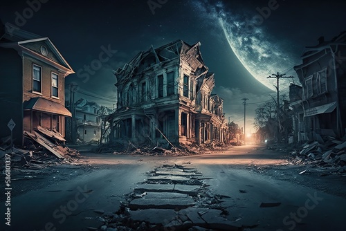 City street with buildings and ruins after earthquake. Ai. Destroyed abandoned town landscape photo