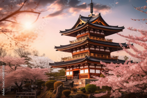 Beautiful Japanese temple, cherry blossom trees, sakura season, spring Japan, generative AI