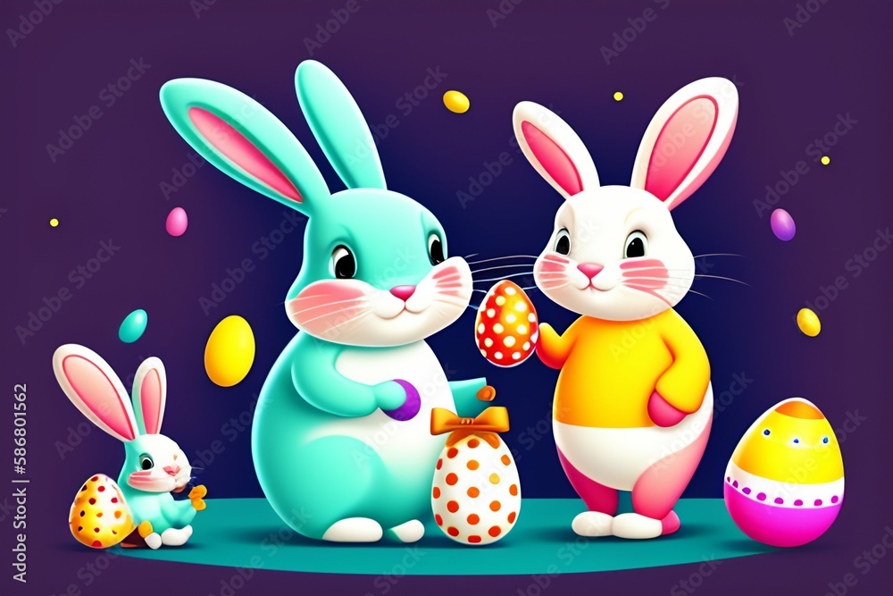Obraz premium Generative Ai, cute easter bunnies with easter eggs