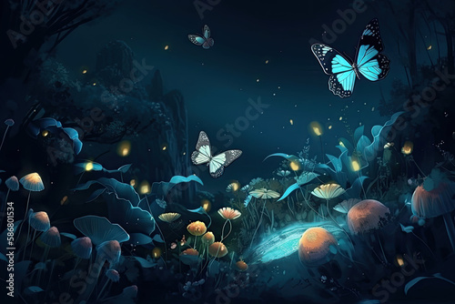Fantasy garden at night with flying butterflies, generative AI