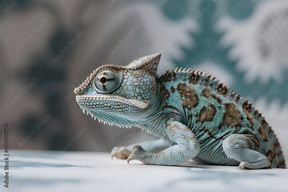Fototapeta premium blue and brown chameleon next to patterned wallpaper made with generative ai
