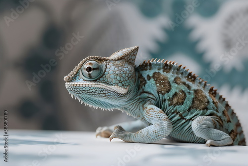 blue and brown chameleon next to patterned wallpaper made with generative ai