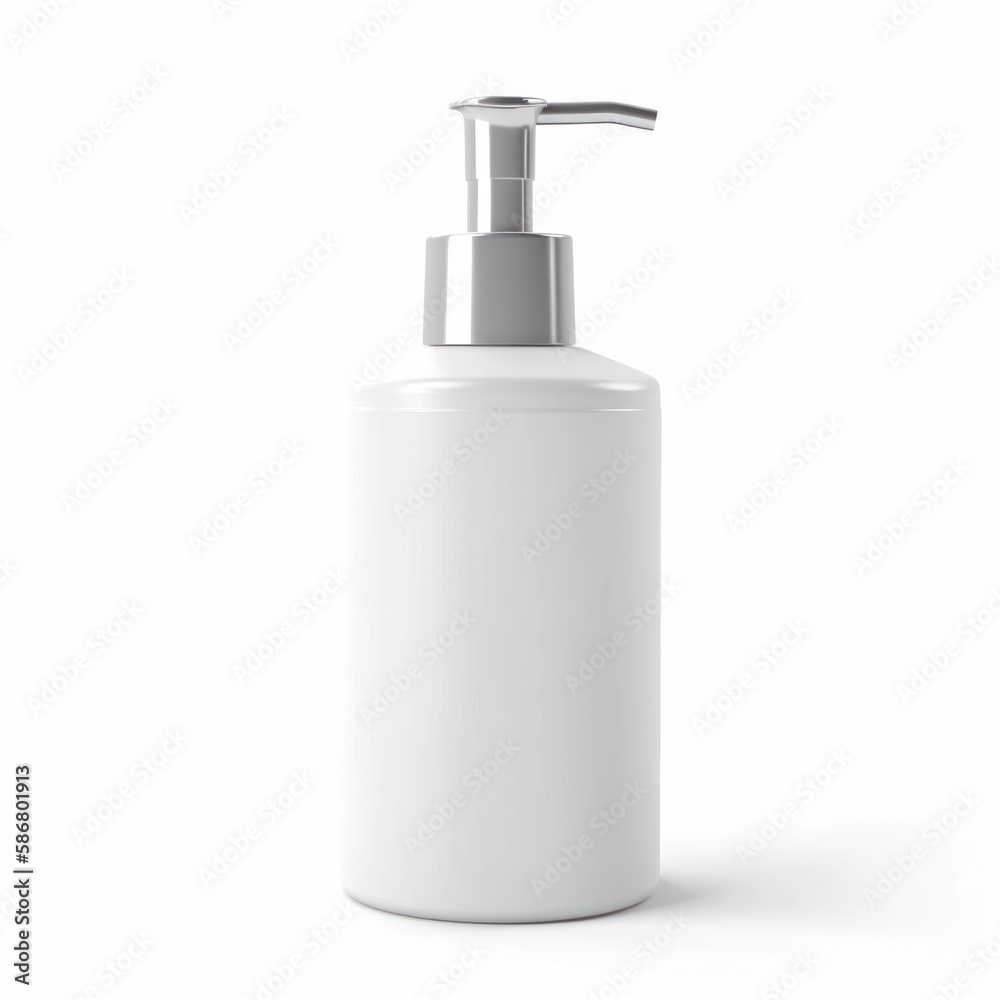 white soap bottle dispenser template isolated , white background, 3d bottle mockup with shadows, cosmetics spray pump container, generative ai white soap bottle dispenser template isolated , white background, 3d bottle mockup with shadows, cosmetics spray pump container, generative ai