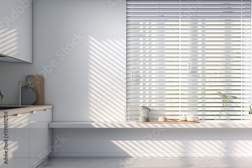 An example of a room s wall and window showing blinds and shadow. mock up of a kitchen or bathroom for a product presentation. Generative AI