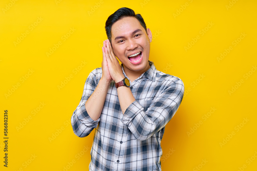 Portrait of happy smiling satisfied young Asian man in plaid shirt looking at the camera isolated on yellow background. people lifestyle concept Portrait of happy smiling satisfied young Asian man in plaid shirt looking at the camera isolated on yellow background. people lifestyle concept