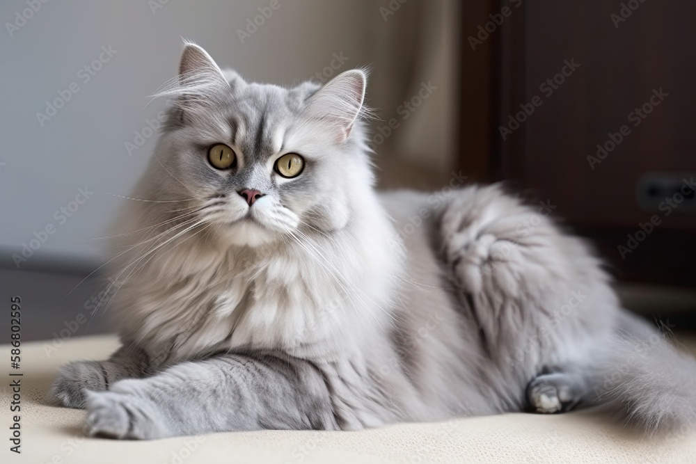 Gray fluffy cat sitting and posing for the camera. The background is gray. Soft attention that is selective. Generative AI