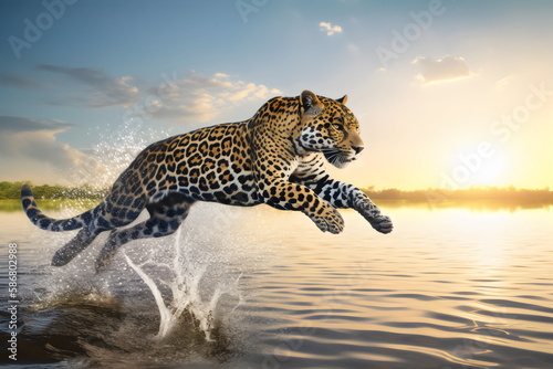 leopard leaping through shallow water at sunrise, made with generative ai