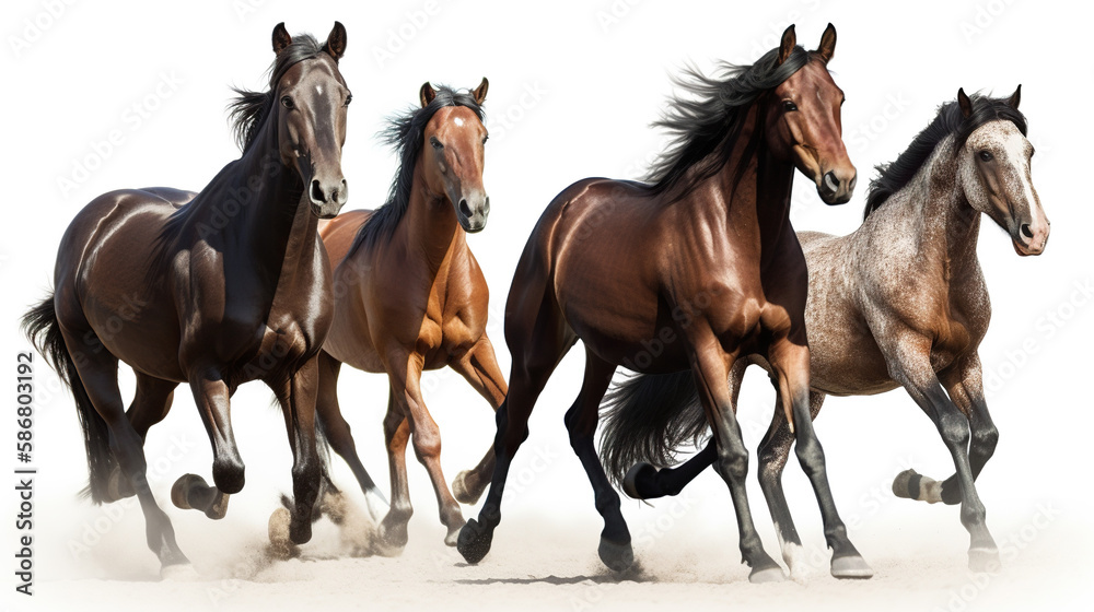 Obraz premium Group of horses galloping in the sand, isolated on white background, Generative AI