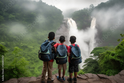 Two boys and a girl with backpacks standing in front of a waterfall, Generative AI