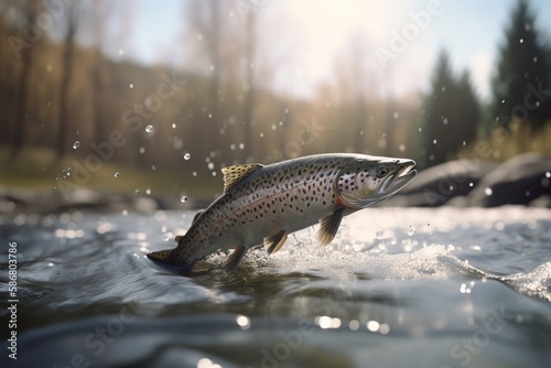 Salmon jumping up from water. Generative AI.