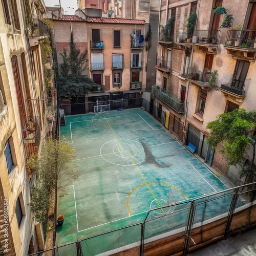 Aerial view of street football pitch. Generative AI. © Bargais