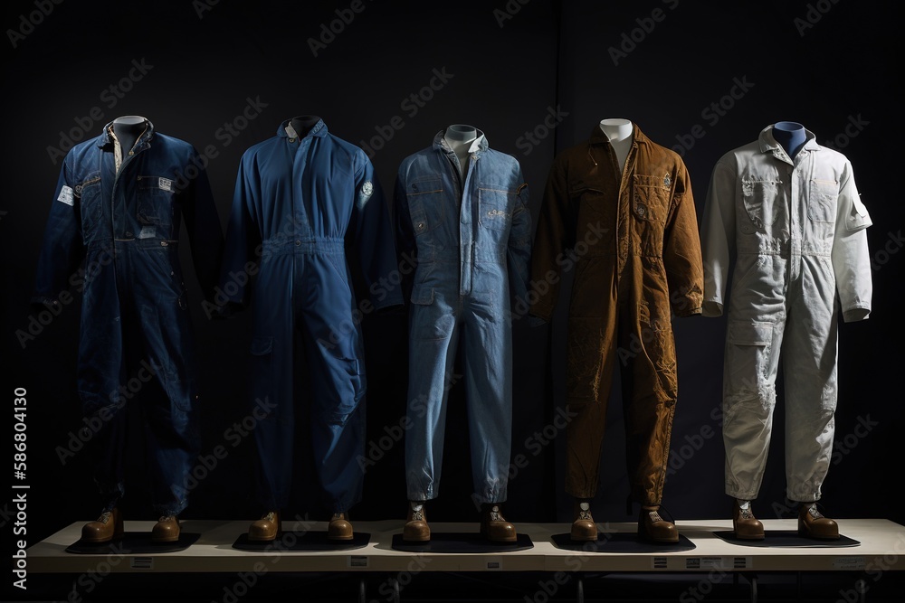 A set of colorful disposable coveralls. Generative AI. A set of colorful disposable coveralls. Generative AI.