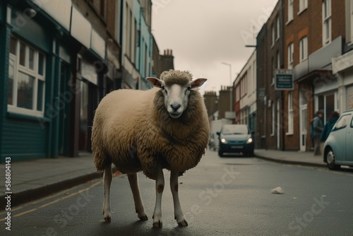 The sheep is standing on the street. Generative AI.