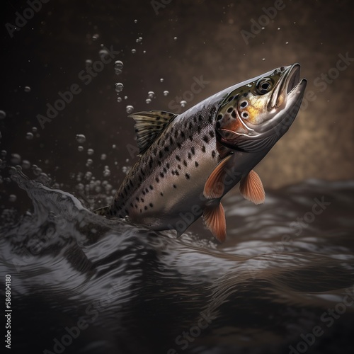 Salmon swims on the river. Generative AI.