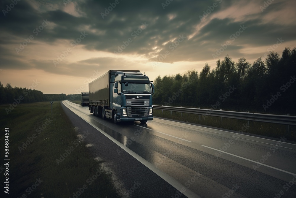 Modern truck driving on the highway. Generative AI.