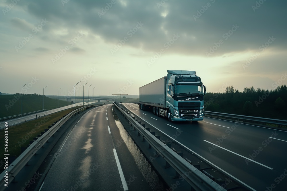 Modern truck driving on the highway. Generative AI.