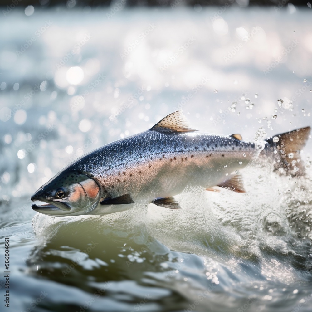Salmon swims on the river. Generative AI.