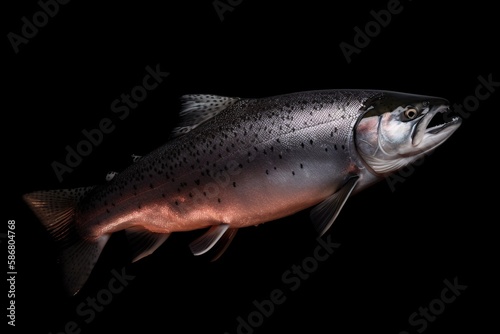 Salmon on black background. Generative AI.