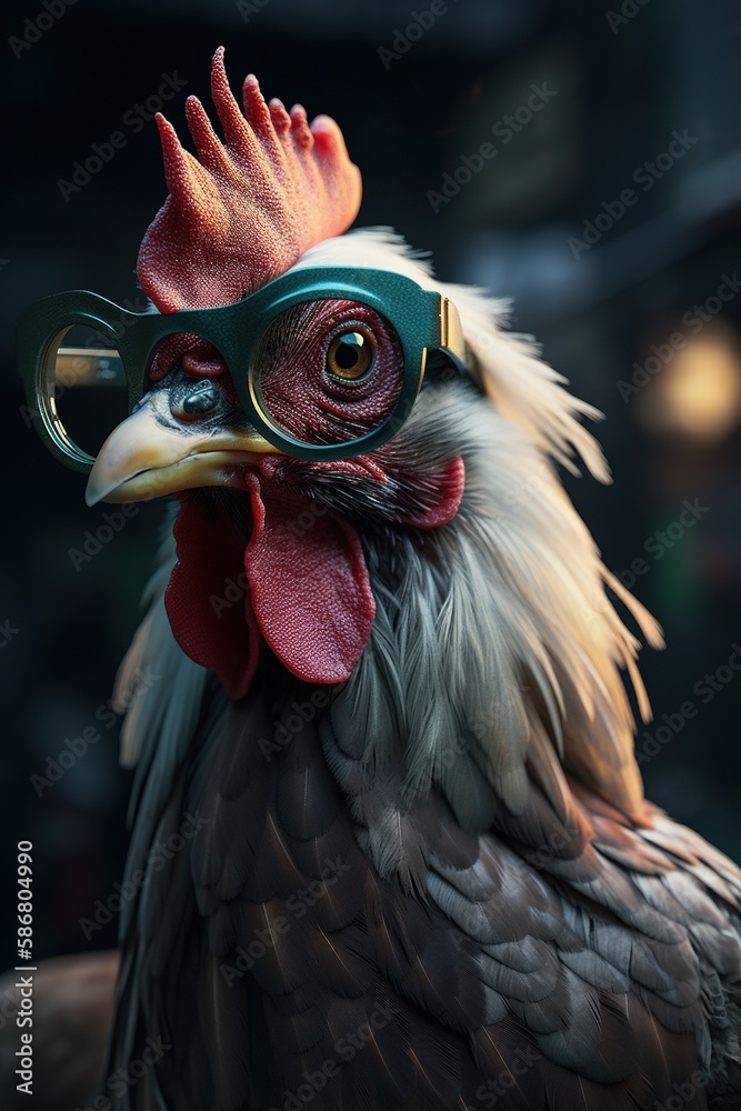 Super cool rooster with dark lens glasses. Generative AI.