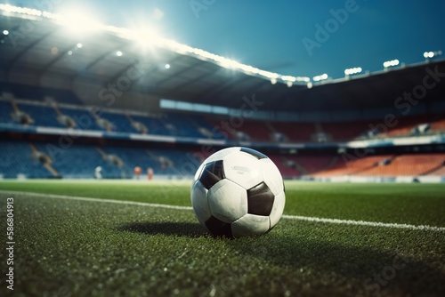 Soccer ball in corner, background of the stadium. Generative AI. © Bargais