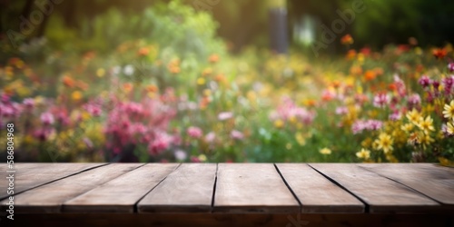 Empty wooden table in flowers garden blurred background, Free space for product display. Generative Ai