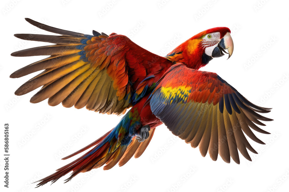 a jungle-themed photographic illustration of a blue green and orange macaw parrot in mid-flight on a transparent background in PNG. 