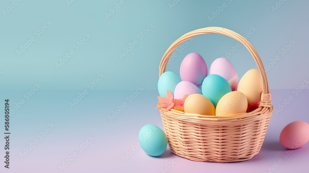 Naklejka premium A basket of colorful easter eggs on a table. Generative AI