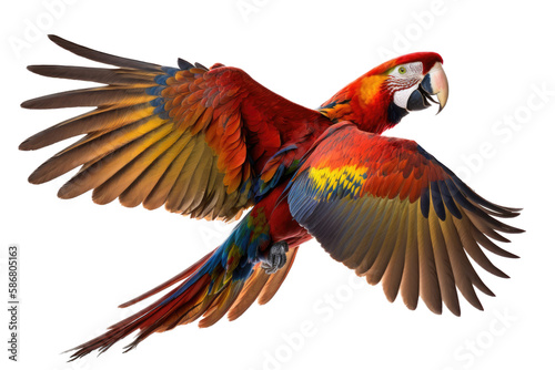 a jungle-themed photographic illustration of a blue green and orange macaw parrot in mid-flight on a transparent background in PNG.  © Purple Penguin GFX