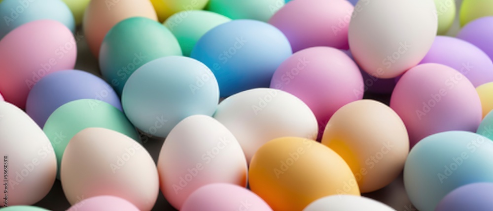 A colorful pile of eggs with the word easter on the top. Generative AI