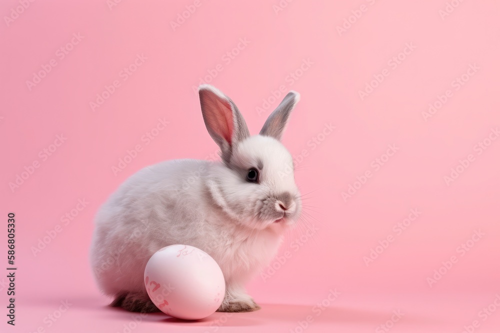 A bunny and an egg on a pink background. Generative AI A bunny and an egg on a pink background. Generative AI