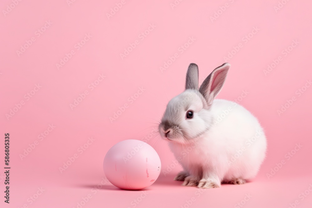 A bunny and an egg on a pink background. Generative AI A bunny and an egg on a pink background. Generative AI