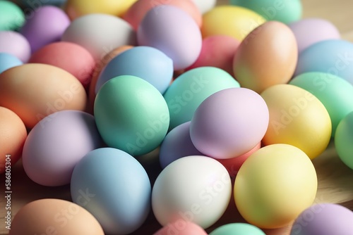 A colorful pile of eggs with the word easter on the top. Generative AI © Catrat