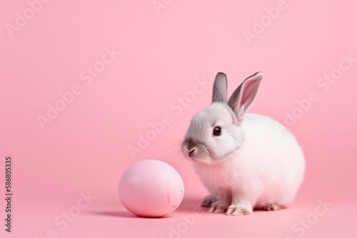 A bunny and an egg on a pink background. Generative AI