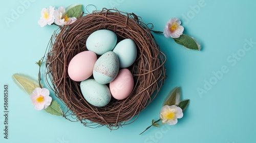 A nest with blue and pink eggs and a white flower on a blue background. Generative AI