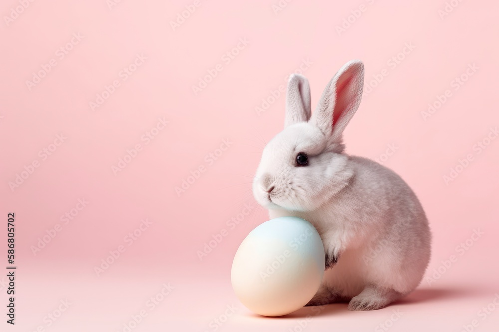 A bunny and an egg on a pink background. Generative AI A bunny and an egg on a pink background. Generative AI