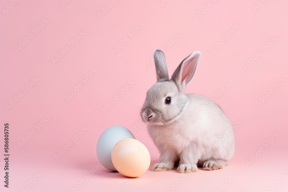 A bunny and an egg on a pink background. Generative AI A bunny and an egg on a pink background. Generative AI