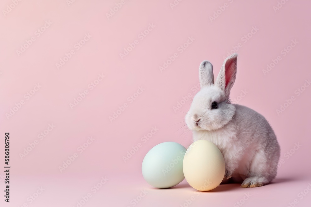Obraz premium A bunny and an egg on a pink background. Generative AI