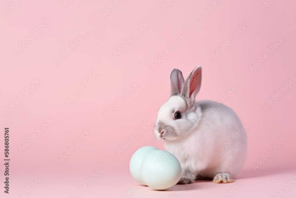 A bunny and an egg on a pink background. Generative AI