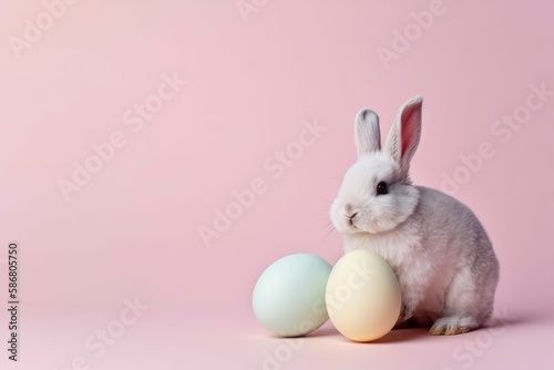 A bunny and an egg on a pink background. Generative AI © Catrat