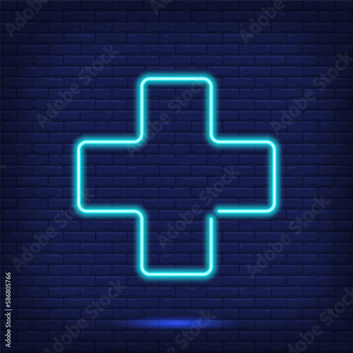 Plus and cross neon sign. Medical, pharmacy and health symbol. Night blue light effect. Vector