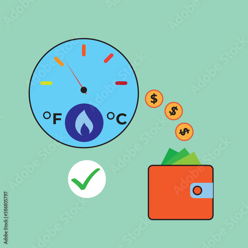 Save money on your heating bill: energy efficient boiler and coins falling in a wallet
