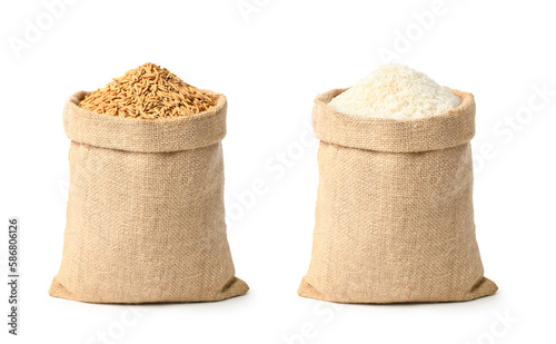 Paddy rice and white rice in burlap sack bag isolated on white background.
