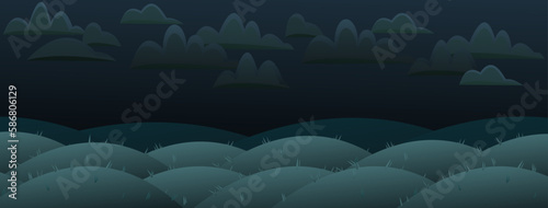 Meadows and hills. Landscape green summer. Dark night twilight. View of nature relief. Thickets of grass for pastures and farms. Cartoon fun style. Flat design. Vector