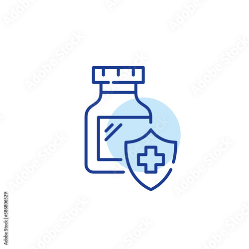 Prescription medication in a bottle. Medical health plan coverage. Pixel perfect, editable stroke line icon