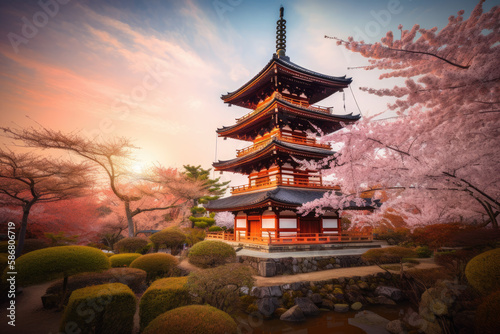 Beautiful Japanese temple, cherry blossom trees, sakura season, spring Japan, generative AI