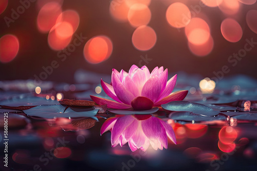magic pink lotus flower on water - shiny blossom lights, generative AI