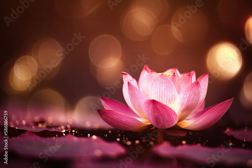 magic pink lotus flower on water - shiny blossom lights, generative AI © Kien