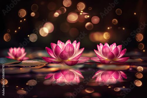 magic pink lotus flower on water - shiny blossom lights, generative AI © Kien