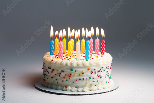 Generative AI. Birthday cake decorated with colorful sprinkles and ten candles