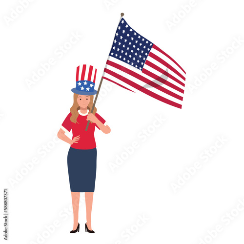USA 4th july independence day concpet. american woman holding american flag to celebrate. Flat vector cartoon illustration